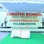 Large banner on stage for sarathi school independence day celebrations with silhouettes and an indian flag Sarathi school habsiguda hyderabad